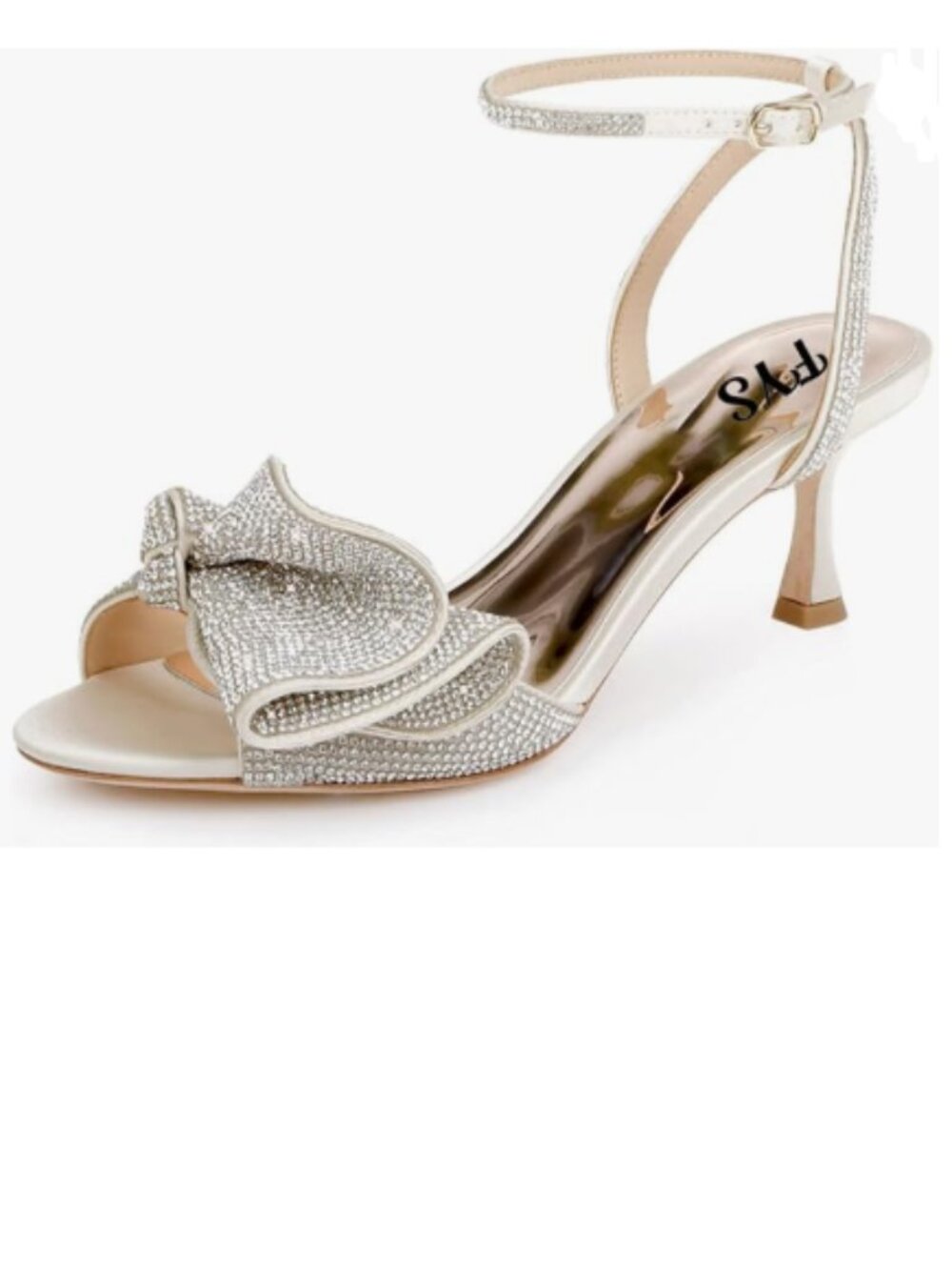 FYS Beige Cute Rhinestones Bow Peep Toe Low Kitten Heel Ankle Strap Sandals
